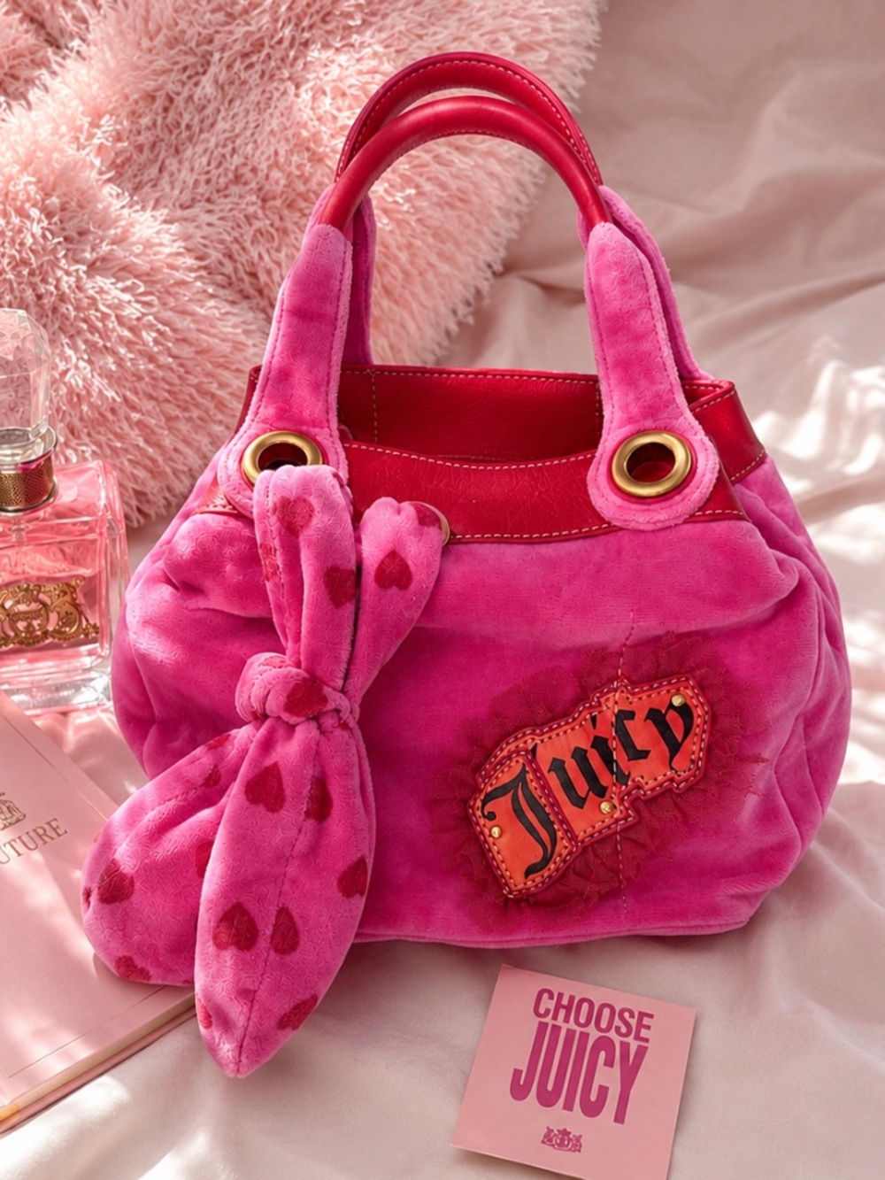 Rare Vintage Juicy Couture Pink Velour Y2K Heart Bow Bag